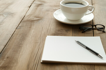 Morning coffee break with a blank notebook and a pen on a rustic wooden table