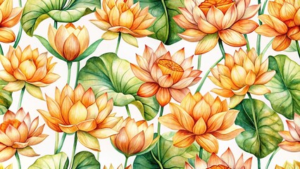 Fototapeta premium luxurious seamless floral pattern wallpaper background with orange lotus watercolor design