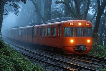 Obraz premium Red Train Emerging from Foggy Forest