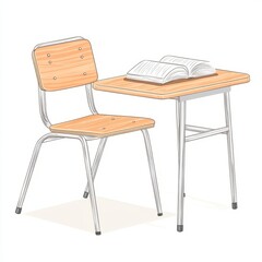 A simple wooden desk and chair setup with an open book on the table.