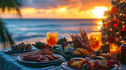 Christmas dinner with seafood, fruits, cocktails on a tropical beach. Ocean at sunset in background