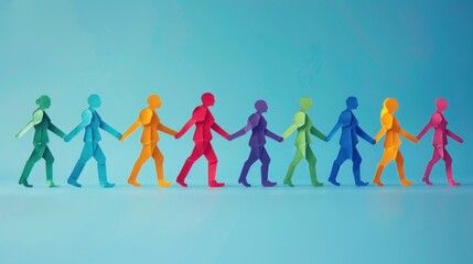 Colorful paper cutout people holding hands on blue background