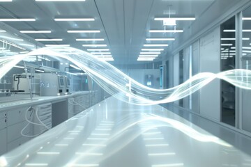 Obraz premium Futuristic laboratory interior with glowing energy wave and advanced technology