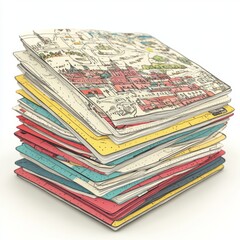 A colorful stack of illustrated maps showcasing various urban landscapes.