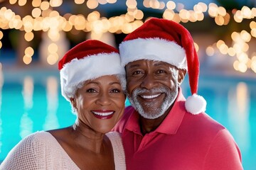 Smiling couple in Santa hats by a pool with festive lights in the background