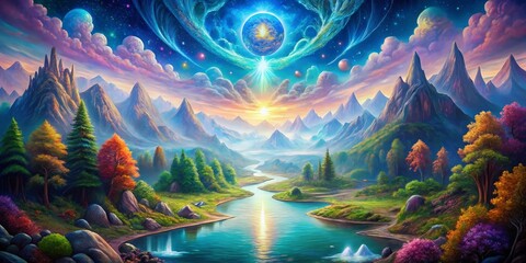 Fototapeta premium Transcendent Landscapes: Exploring the Metamorphosis of Self and Cosmos in DMT Journey