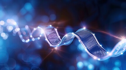 Glowing futuristic DNA strand on tech-inspired digital background