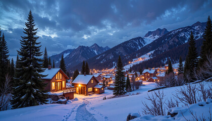 Fototapeta premium Snowy mountain village illuminated at dusk with cozy cabin lights and winter landscape