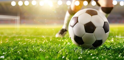 Naklejka premium Close-up action shot of soccer ball on green field under stadium lights