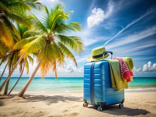 Fototapeta premium Travel Luggage Blue Suitcase on Summer Background - Perfect for Vacation Planning and Adventure Inspiration