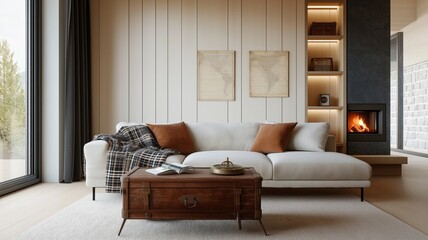 Cozy Living Room with Fireplace and Large Windows Overlooking Nature