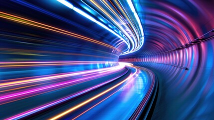 Futuristic neon tunnel with colorful light trails in motion blur