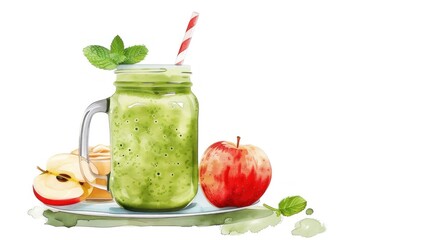 Fototapeta premium Refreshingly healthy green smoothie in mason jar with red apple and mint leaves