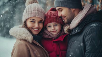Obraz premium Portrait of happy smiling young family with son and daughter standing outdoors enjoying time together in winter forest. Family leisure concept, generative ai