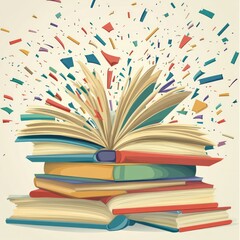 An illustration of books with pages flying out, symbolizing knowledge and creativity.