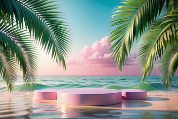 Fototapeta premium Tropical Beach Cosmetic Advertisement with Palm Shadows and Summer Vibes