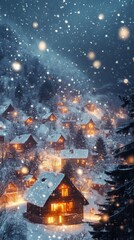 Snowy Village at Night: Cozy Cabins Glowing with Festive Lights