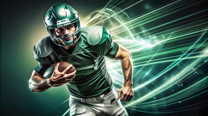  American football player running with ball in green uniform