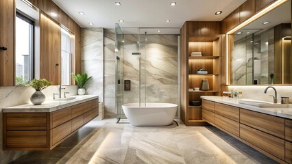 Fototapeta premium Luxury modern bathroom with wood cabinet, walk in shower, marble tiled walls, freestanding bathtub, aerial view