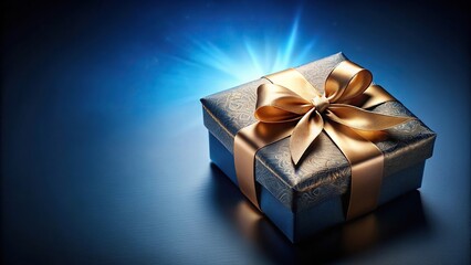 Luxury open gift box with bow on dark blue background eye level