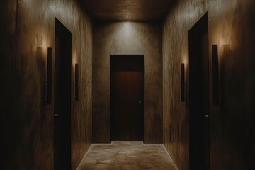 Dark hallway with three doors and recessed lighting