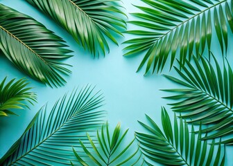 Fototapeta premium Tropical Palm Leaves Flat Lay on Light Blue Background for Summer Aesthetic