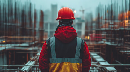 Obraz premium A construction worker with a tablet inspecting steel beams and concrete slabs on-site 