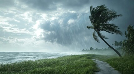 Coastal landscape with strong winds and dark clouds during storm, bent palm tree, and turbulent sea, hurricane concept