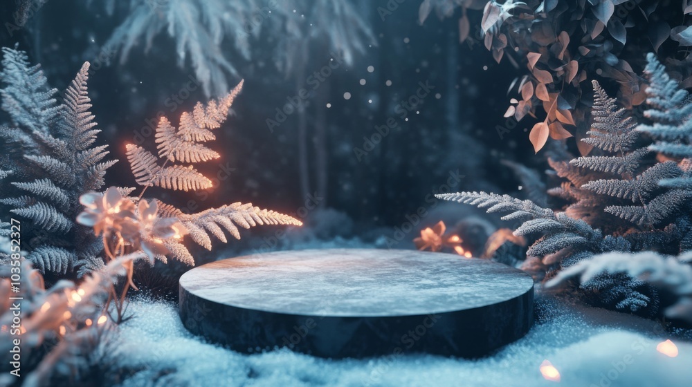 Aufkleber A tranquil winter scene features a circular stone platform surrounded by delicate ferns and softly glowing lights. Snow blankets the ground, creating a peaceful atmosphere in the forest at dusk.