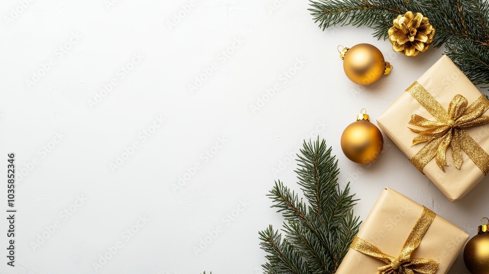 Poster 2025 christmas scene displaying golden baubles and beautifully wrapped gifts, creating a luxurious n
