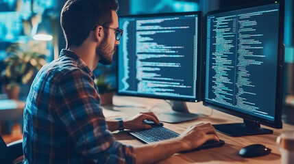 Młody programista w wygodnym fotelu, w skupieniu analizujący złożony kod w przestronnym biurze.