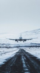 Airplane Landing on a Snowy Runway in Winter
