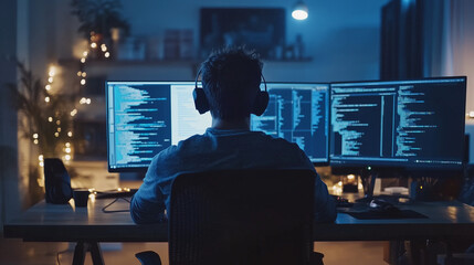 Młody programista w wygodnym fotelu, w skupieniu analizujący złożony kod w przestronnym biurze.