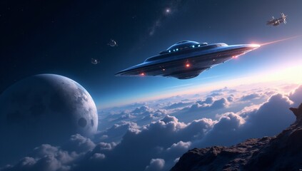 Obraz premium UFO saucer hovered over the planet Earth