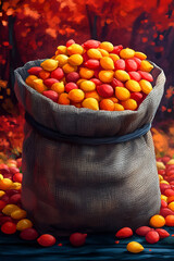 Naklejka premium A burlap sack overflowing with vibrant red and yellow candies set against a colorful autumn backdrop.
