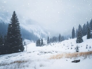Naklejka premium Winter Landscape with Snowy Pine Trees