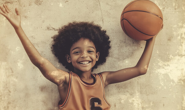 Happy kig with a basketball ball, vintage sports, old photo, generated ai