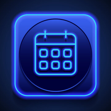 Calendar simple icon vector. Flat design. Blue neon style on button. With shadow