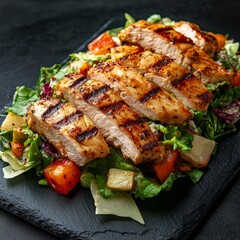 Caesar salad, chicken, veggies on a black board