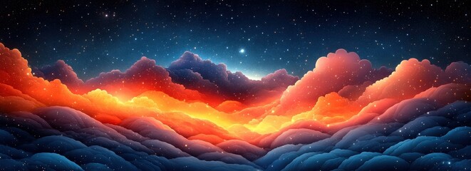 Vivid celestial landscape with colorful clouds beneath a starry night sky.