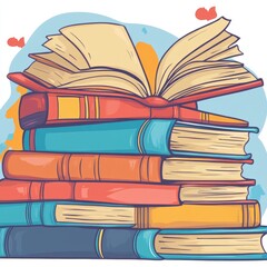 A colorful stack of books with an open book on top, representing knowledge.