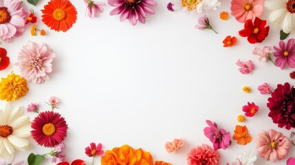 Fototapeta premium A colorful border of various flowers on a white background.