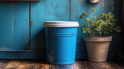 Fototapeta premium A vibrant blue barrel beside a potted plant against a rustic wooden wall.