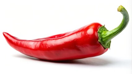 Single red chili pepper laying on its side on a white background