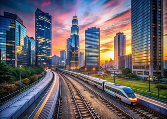 Fototapeta premium Urban Nightscape of a Passenger Train in South Korea's Cityscape