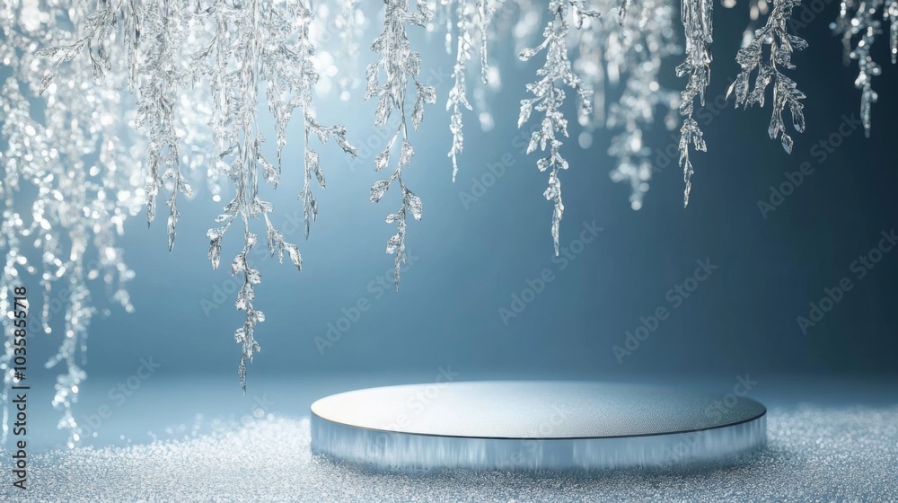 Poster a serene winter backdrop showcases a smooth, reflective platform at the center, framed by intricate 