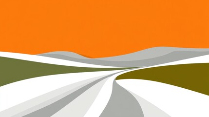 Abstract landscape illustration with a winding road through hills, under an orange sky.