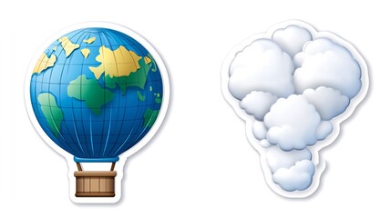 A cartoon image of a hot air balloon shaped like the Earth and a cloud of smoke, isolated on a white background.