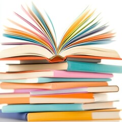 Naklejka premium A colorful stack of books with an open book displaying vibrant pages.