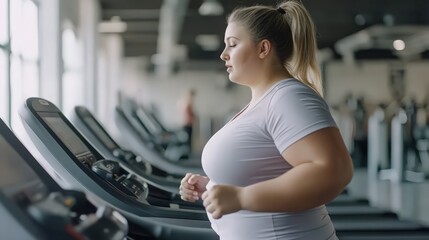 Obraz premium girl plus size women in sports bras walking and running on the treadmill weight loss and exercise in the gym